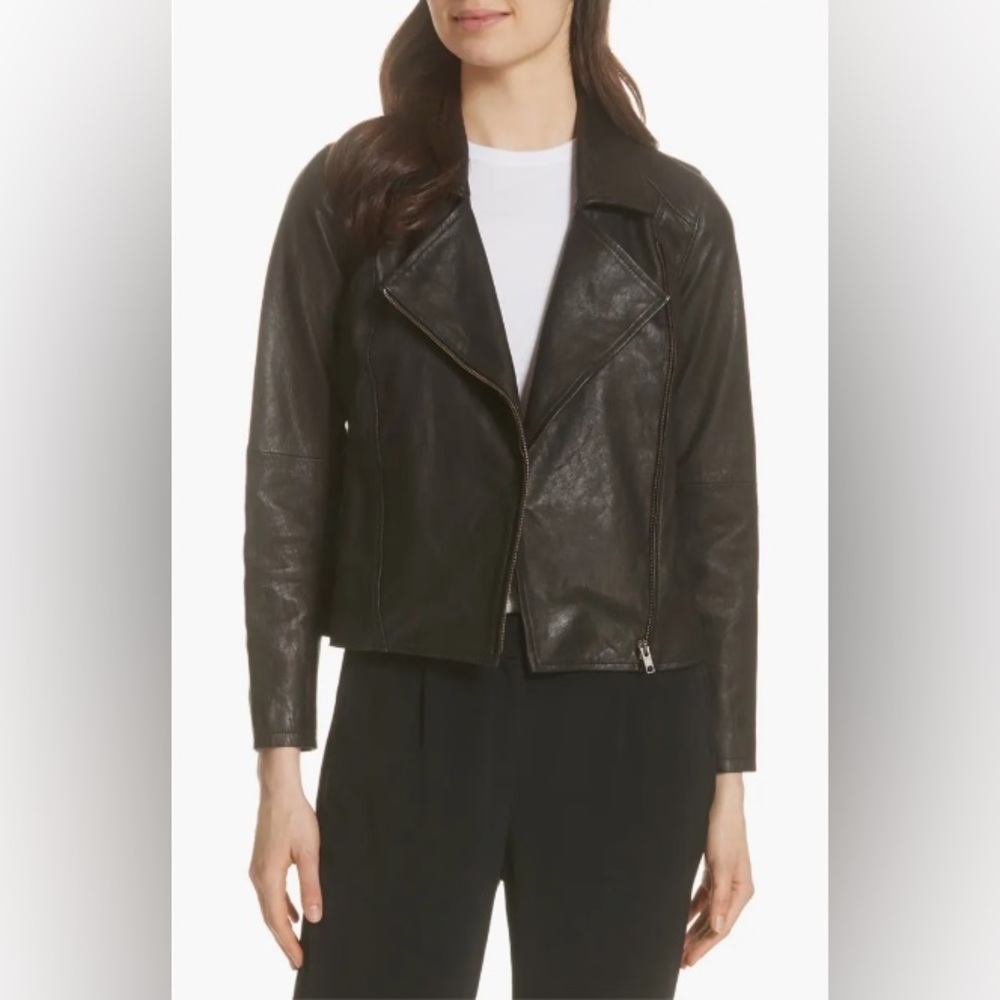 Eileen Fisher Black Lamb Leather Moto Motorcycle Biker Jacket Size 4 MSRP $898